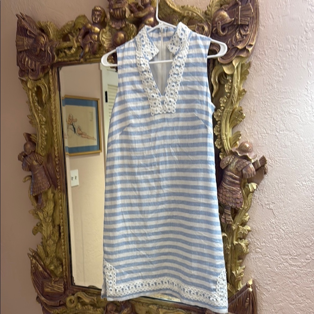 Eliza J Linen/cotton Blue and White Striped dress with embellished trim